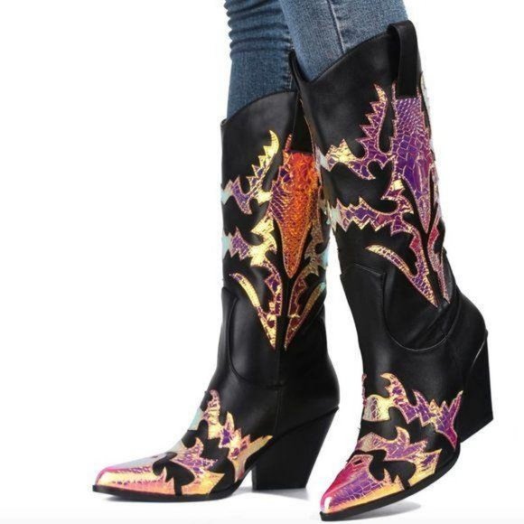 Mermaid & Black Western Cowboy Knee High Boots - Picture 5 of 6